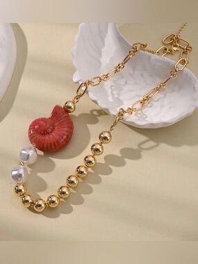 Spiral Red Shell Charm Necklace with Gold Beads and Pearls